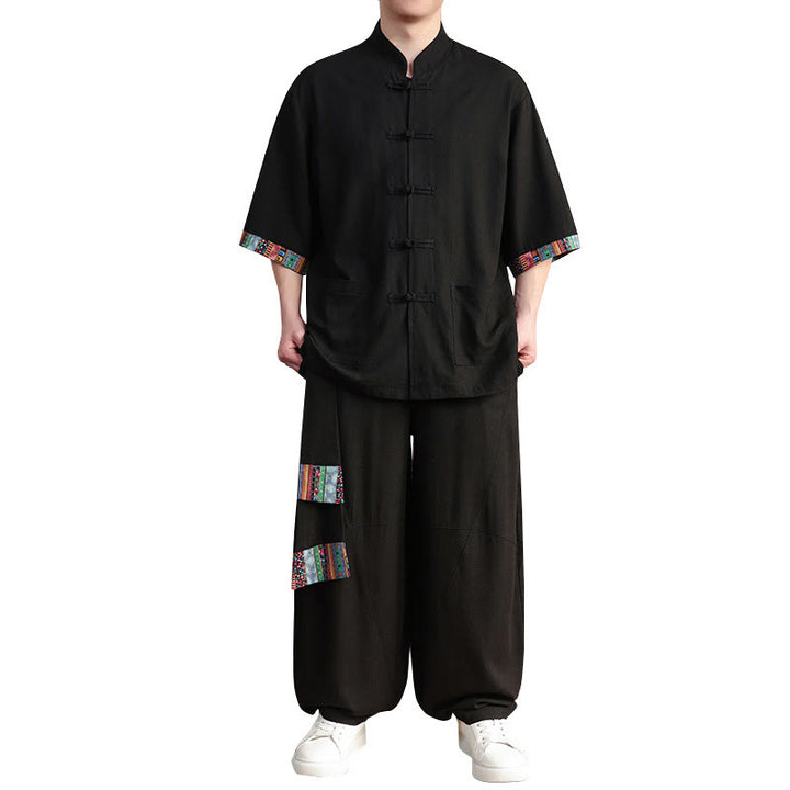 Conjunto de 2 piezas de camisa con botones de rana china y pantalones anchos de tela de meditación para hombre con bolsillos y Buddha Stones
