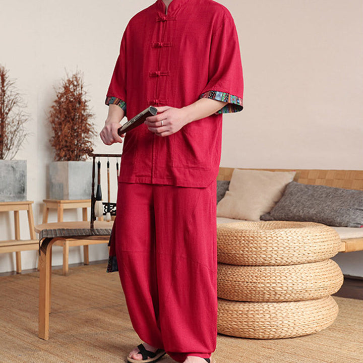 Conjunto de 2 piezas de camisa con botones de rana china y pantalones anchos de tela de meditación para hombre con bolsillos y Buddha Stones