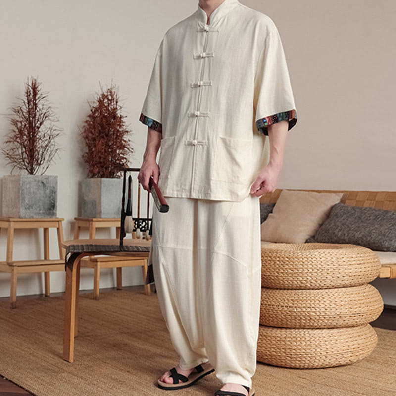 Conjunto de 2 piezas de camisa con botones de rana china y pantalones anchos de tela de meditación para hombre con bolsillos y Buddha Stones