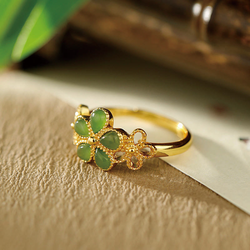 Anillo de prosperidad ajustable con flor de oro bañado en plata de ley 925 y jade hetiano natural de Buddha Stones - image 2