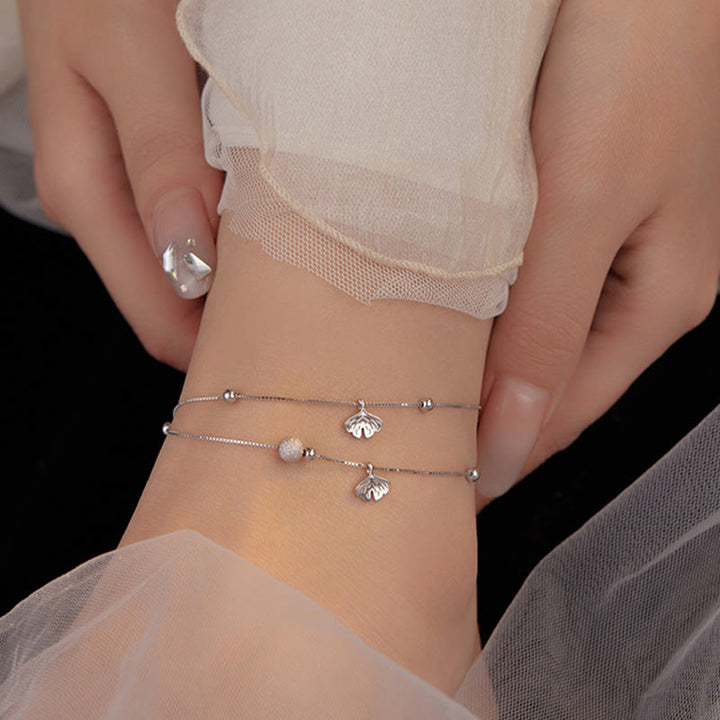 Tobillera con protección de doble capa y hojas de ginkgo en plata de ley 925 con Buddha Stones - image 3