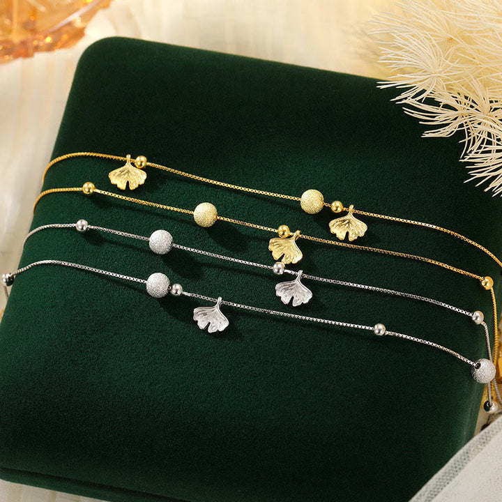 Tobillera con protección de doble capa y hojas de ginkgo en plata de ley 925 con Buddha Stones - image 12