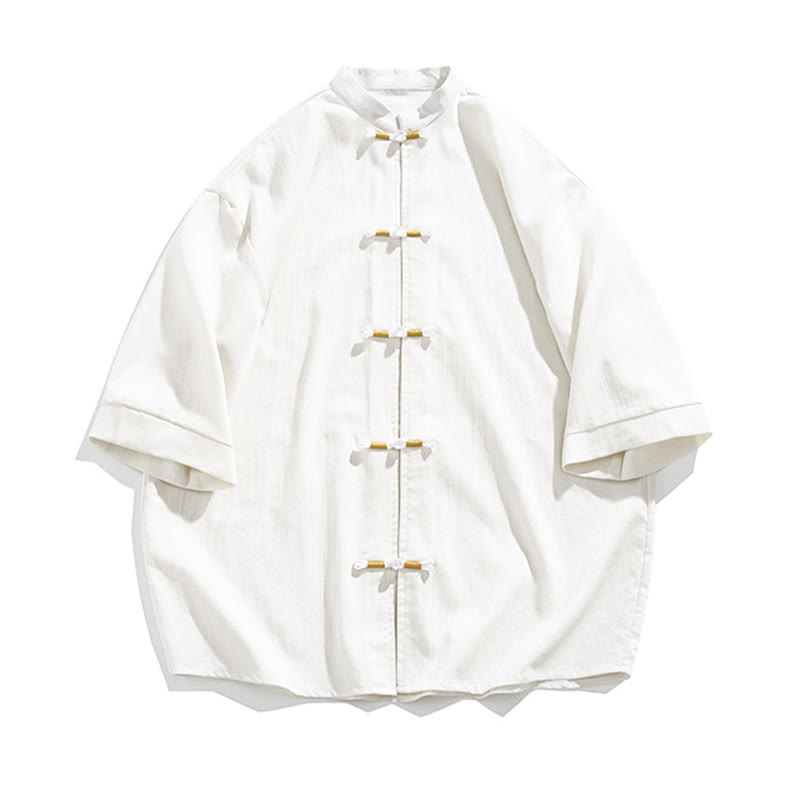 Camisa de lino para hombre de media manga con botones de rana y color puro Buddha Stones - image 7