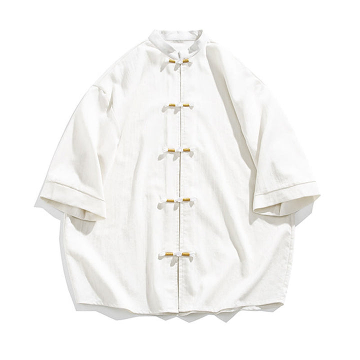 Camisa de lino para hombre de media manga con botones de rana y color puro Buddha Stones - image 7