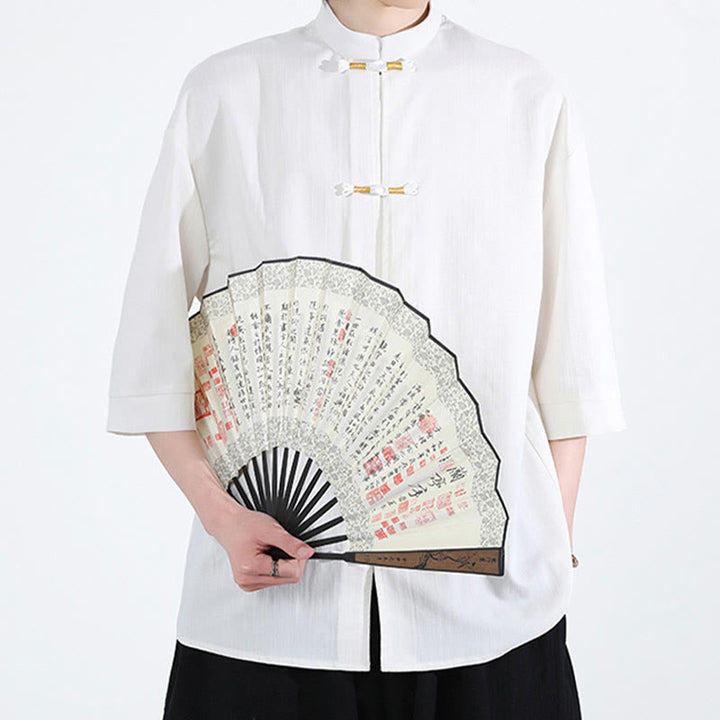 Camisa de lino para hombre de media manga con botones de rana y color puro Buddha Stones - image 3