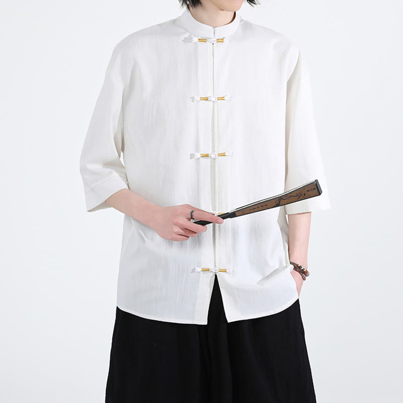 Camisa de lino para hombre de media manga con botones de rana y color puro Buddha Stones - image 4