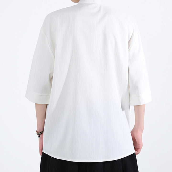 Camisa de lino para hombre de media manga con botones de rana y color puro Buddha Stones - image 2