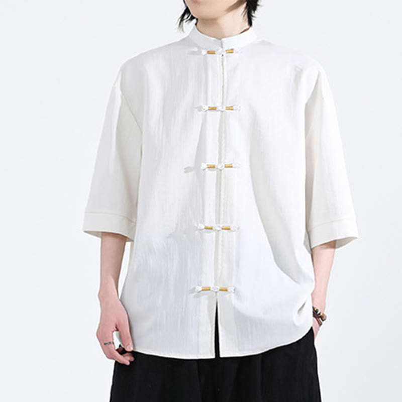 Camisa de lino para hombre de media manga con botones de rana y color puro Buddha Stones - image 5