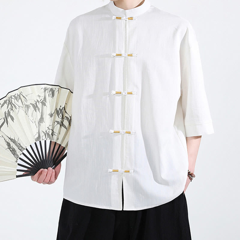 Camisa de lino para hombre de media manga con botones de rana y color puro Buddha Stones - image 1