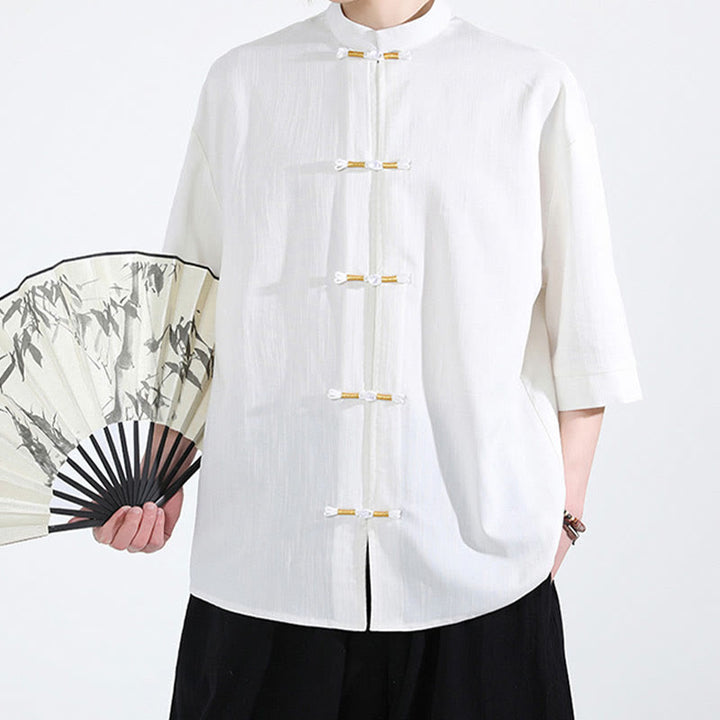 Camisa de lino para hombre de media manga con botones de rana y color puro Buddha Stones - image 1