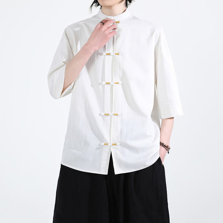 Camisa de lino para hombre de media manga con botones de rana y color puro Buddha Stones - image 6