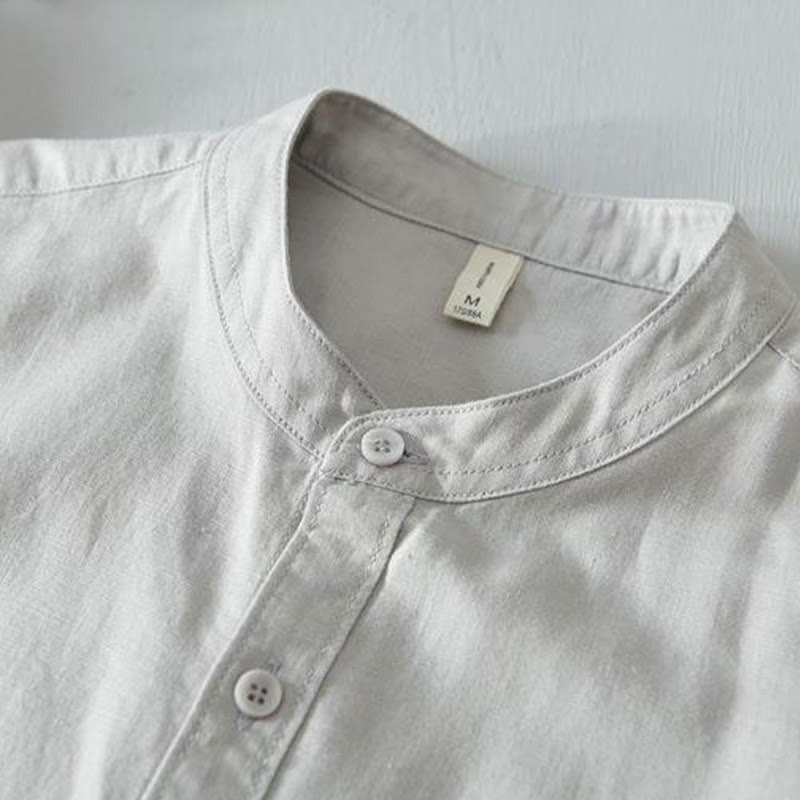 Camisa de lino y algodón con botones de manga corta y estilo sencillo con Buddha Stones para hombre - image 14