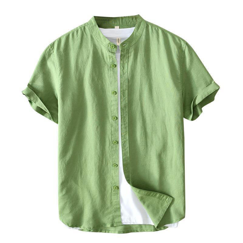 Camisa de lino y algodón con botones de manga corta y estilo sencillo con Buddha Stones para hombre - image 2
