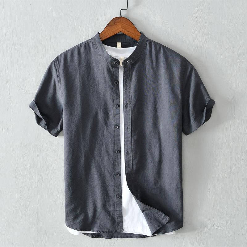 Camisa de lino y algodón con botones de manga corta y estilo sencillo con Buddha Stones para hombre - Gris pizarra oscuro - US/UK/AU44, EU54 (4XL) - image 17