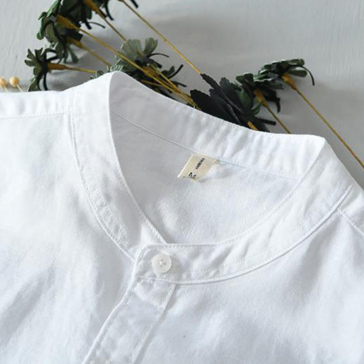 Camisa de lino y algodón con botones de manga corta y estilo sencillo con Buddha Stones para hombre - image 8