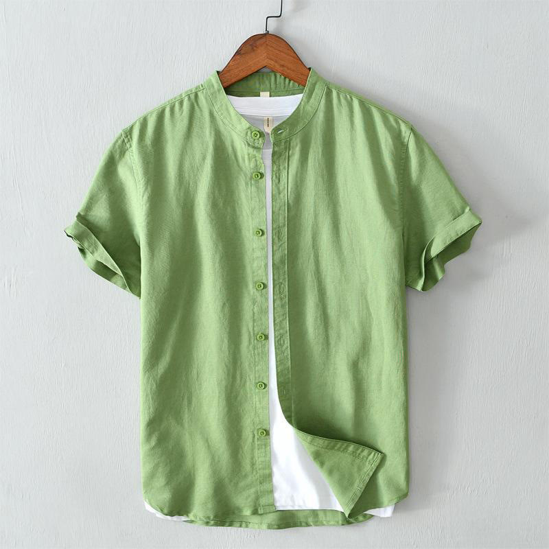 Camisa de lino y algodón con botones de manga corta y estilo sencillo con Buddha Stones para hombre - Primavera verde - US/UK/AU44, EU54 (4XL) - image 0