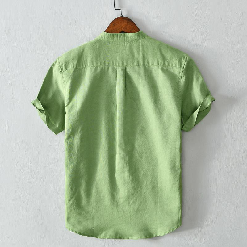 Camisa de lino y algodón con botones de manga corta y estilo sencillo con Buddha Stones para hombre - image 1