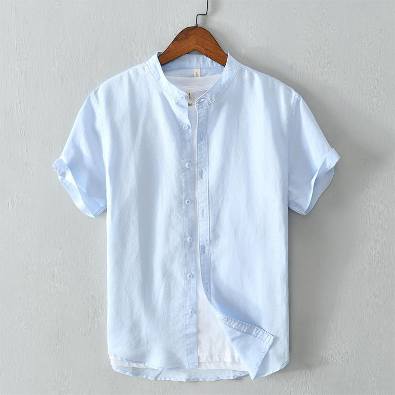 Camisa de lino y algodón con botones de manga corta y estilo sencillo con Buddha Stones para hombre - Azul celeste claro - US/UK/AU44, EU54 (4XL) - image 10