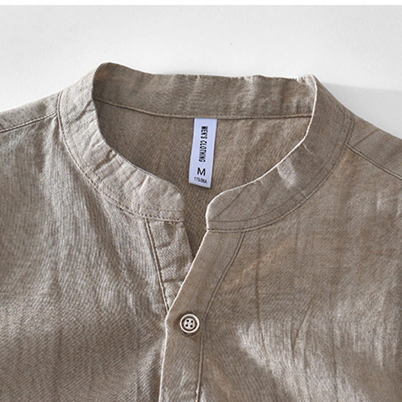 Camisa de algodón ramio con cuello en V y manga corta con botones y Buddha Stones para hombre - image 8