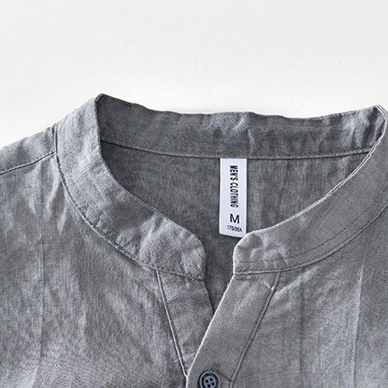 Camisa de algodón ramio con cuello en V y manga corta con botones y Buddha Stones para hombre - image 2