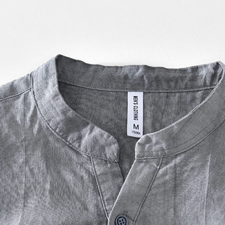 Camisa de algodón ramio con cuello en V y manga corta con botones y Buddha Stones para hombre - image 2