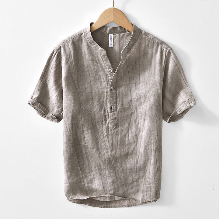 Camisa de algodón ramio con cuello en V y manga corta con botones y Buddha Stones para hombre - Caqui oscuro - US/UK/AU44, EU54 (4XL) - image 7