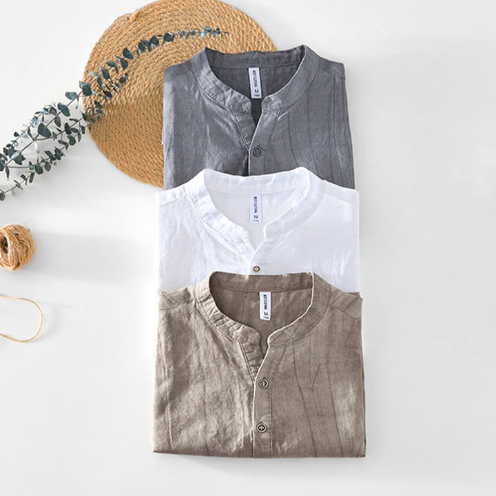 Camisa de algodón ramio con cuello en V y manga corta con botones y Buddha Stones para hombre - image 19