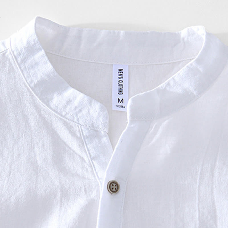 Camisa de algodón ramio con cuello en V y manga corta con botones y Buddha Stones para hombre - image 14