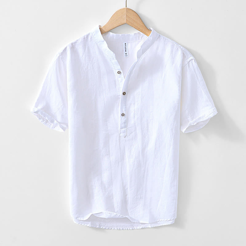 Camisa de algodón ramio con cuello en V y manga corta con botones y Buddha Stones para hombre - Blanco - US/UK/AU44, EU54 (4XL) - image 13