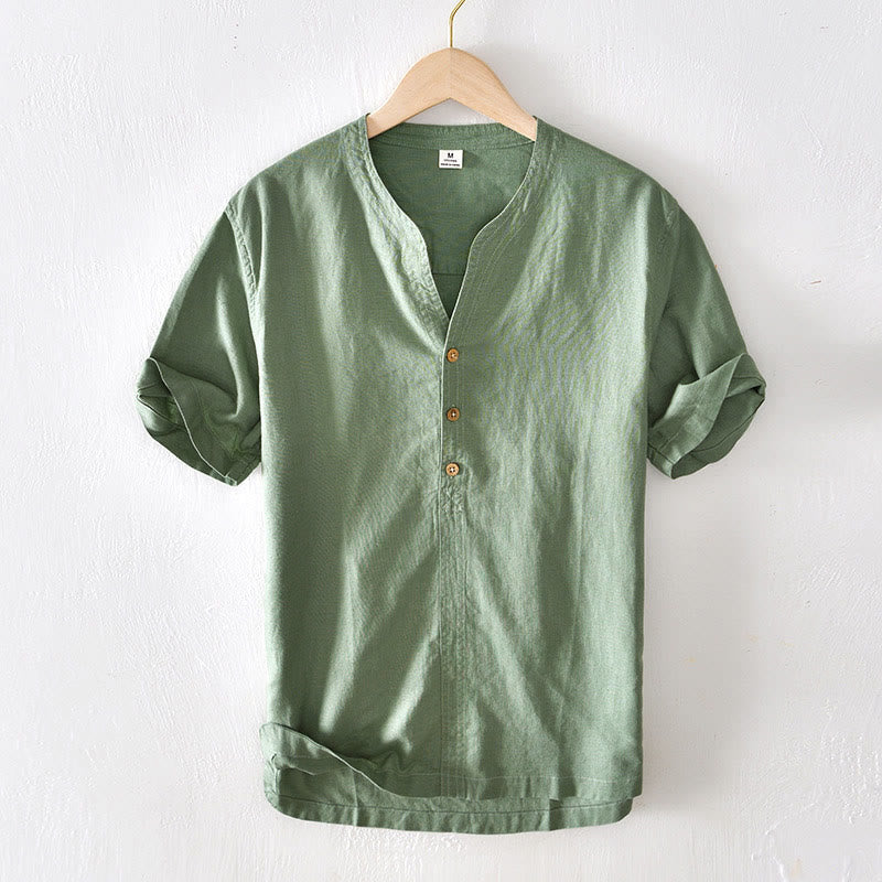 Camisa de verano para hombre con cuello alto, manga corta, algodón y lino, con medio botón, de Buddha Stones - Verdemar - US/UK/AU42, EU52 (3XL) - image 0