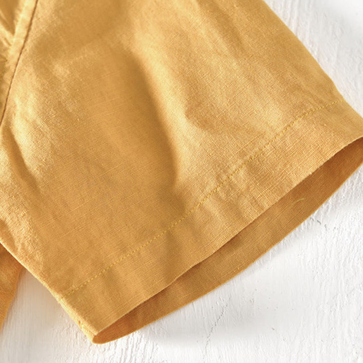 Camisa de verano para hombre con cuello alto, manga corta, algodón y lino, con medio botón, de Buddha Stones - image 17