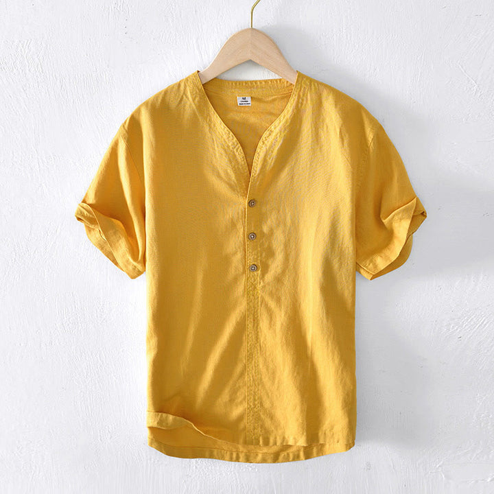 Camisa de verano para hombre con cuello alto, manga corta, algodón y lino, con medio botón, de Buddha Stones - Oro - US/UK/AU42, EU52 (3XL) - image 13