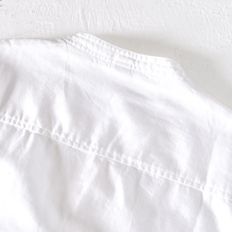 Camisa de verano para hombre con cuello alto, manga corta, algodón y lino, con medio botón, de Buddha Stones - image 9