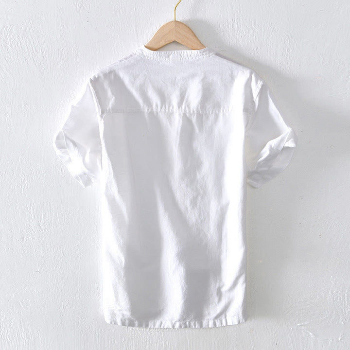 Camisa de verano para hombre con cuello alto, manga corta, algodón y lino, con medio botón, de Buddha Stones - image 7