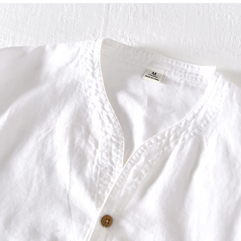 Camisa de verano para hombre con cuello alto, manga corta, algodón y lino, con medio botón, de Buddha Stones - image 8