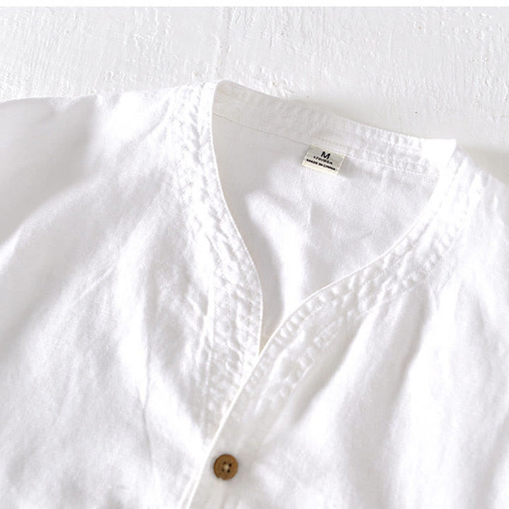 Camisa de verano para hombre con cuello alto, manga corta, algodón y lino, con medio botón, de Buddha Stones - image 8