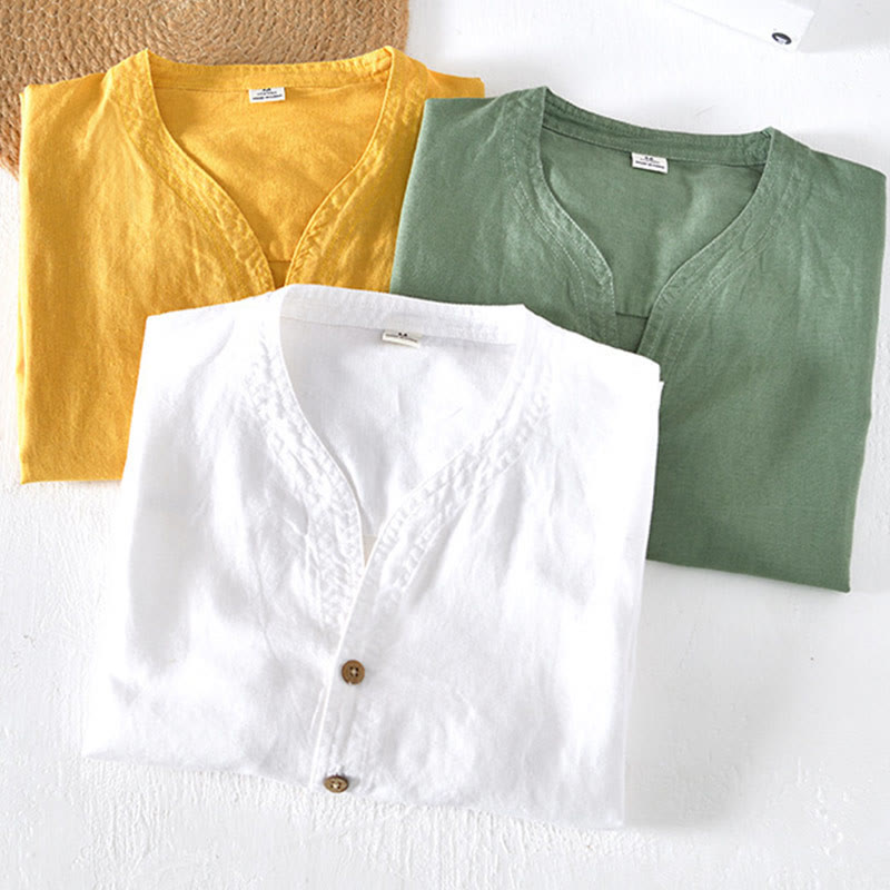 Camisa de verano para hombre con cuello alto, manga corta, algodón y lino, con medio botón, de Buddha Stones - image 19