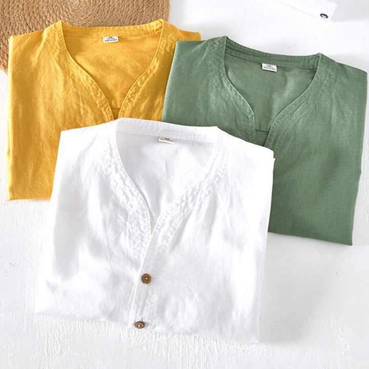 Camisa de verano para hombre con cuello alto, manga corta, algodón y lino, con medio botón, de Buddha Stones - image 19