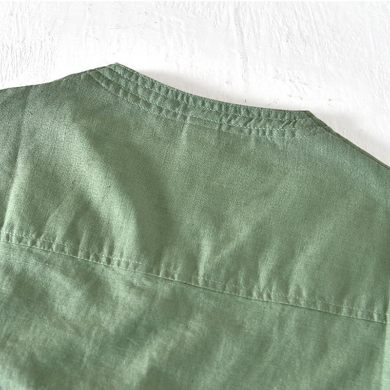 Camisa de verano para hombre con cuello alto, manga corta, algodón y lino, con medio botón, de Buddha Stones - image 2