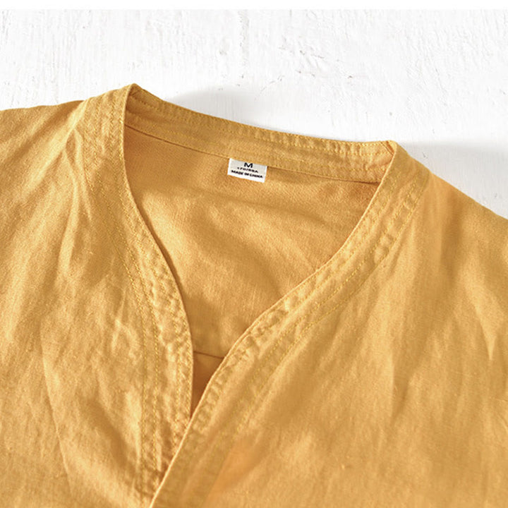 Camisa de verano para hombre con cuello alto, manga corta, algodón y lino, con medio botón, de Buddha Stones - image 14