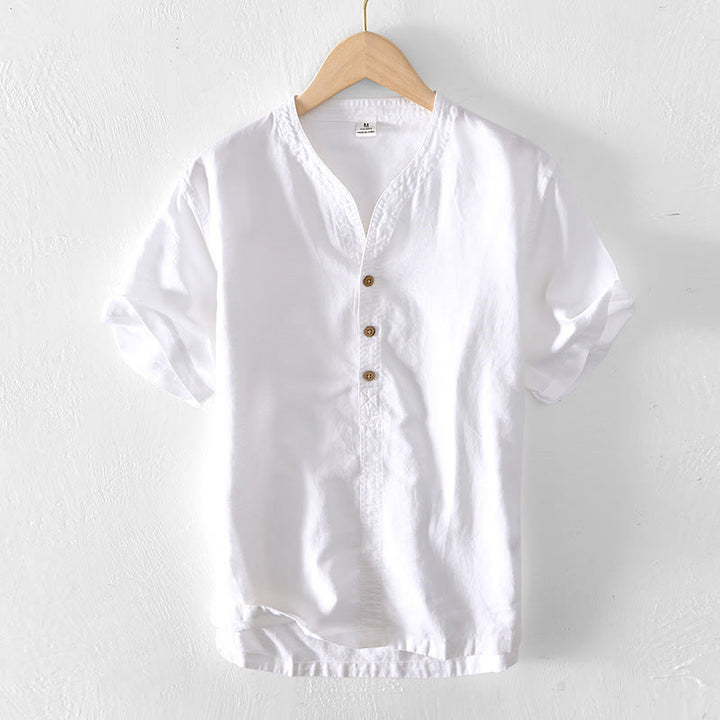 Camisa de verano para hombre con cuello alto, manga corta, algodón y lino, con medio botón, de Buddha Stones - Blanco - US/UK/AU42, EU52 (3XL) - image 6