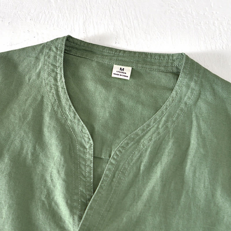 Camisa de verano para hombre con cuello alto, manga corta, algodón y lino, con medio botón, de Buddha Stones - image 1