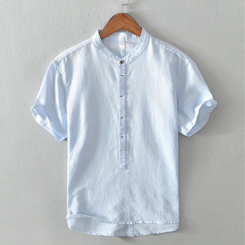 Camisa casual de lino y algodón de manga corta con diseño sencillo y medio botón para hombre con Buddha Stones - Azul celeste claro - US/UK/AU44, EU54 (4XL) - image 9