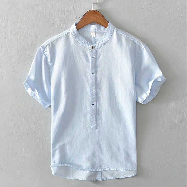 Camisa casual de lino y algodón de manga corta con diseño sencillo y medio botón para hombre con Buddha Stones - Azul celeste claro - US/UK/AU44, EU54 (4XL) - image 9