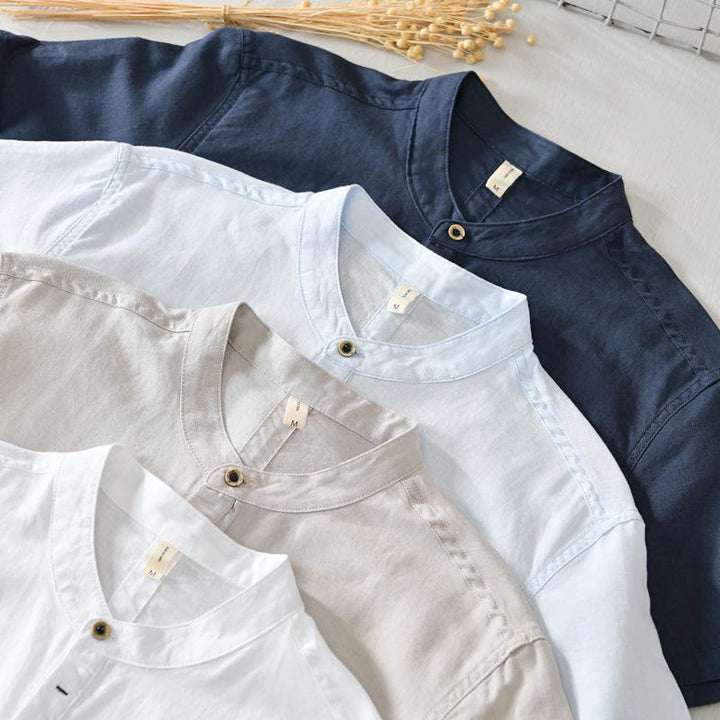 Camisa casual de lino y algodón de manga corta con diseño sencillo y medio botón para hombre con Buddha Stones - image 17