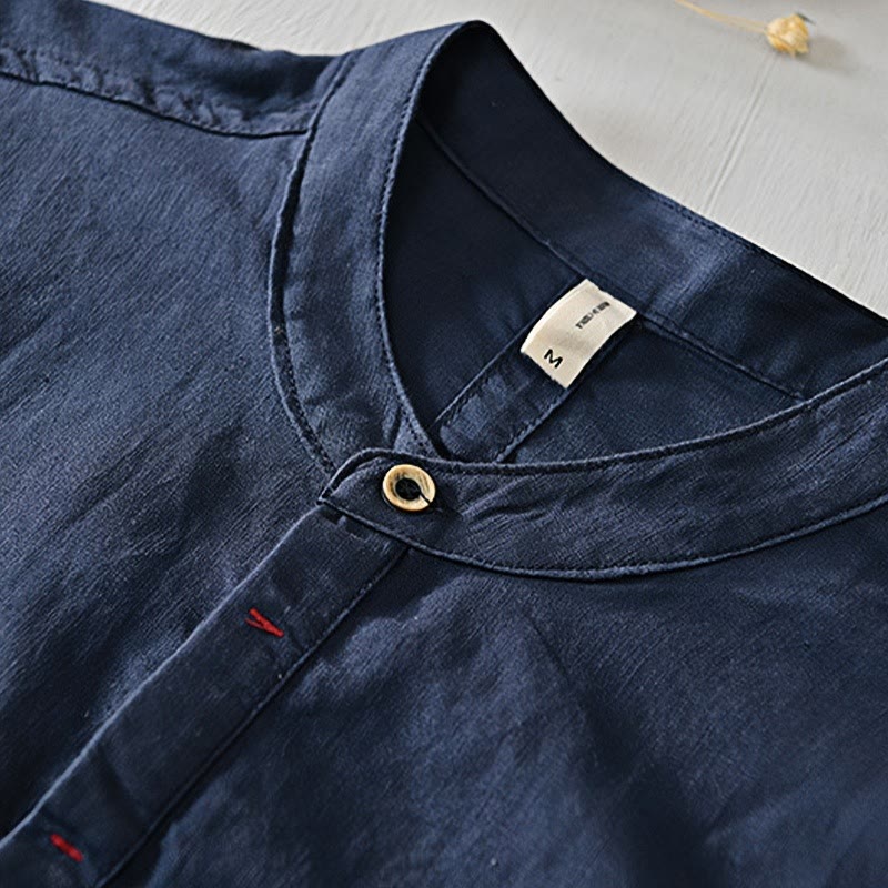 Camisa casual de lino y algodón de manga corta con diseño sencillo y medio botón para hombre con Buddha Stones - image 16