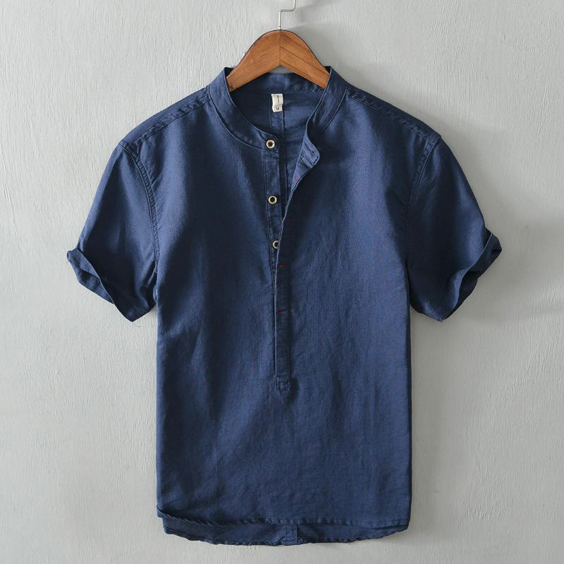 Camisa casual de lino y algodón de manga corta con diseño sencillo y medio botón para hombre con Buddha Stones - Azul oscuro - US/UK/AU44, EU54 (4XL) - image 15