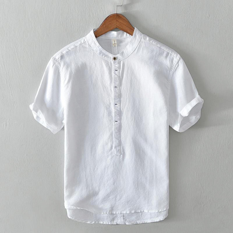 Camisa casual de lino y algodón de manga corta con diseño sencillo y medio botón para hombre con Buddha Stones - Blanco - US/UK/AU44, EU54 (4XL) - image 4