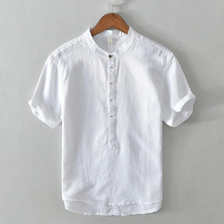Camisa casual de lino y algodón de manga corta con diseño sencillo y medio botón para hombre con Buddha Stones - Blanco - US/UK/AU44, EU54 (4XL) - image 4