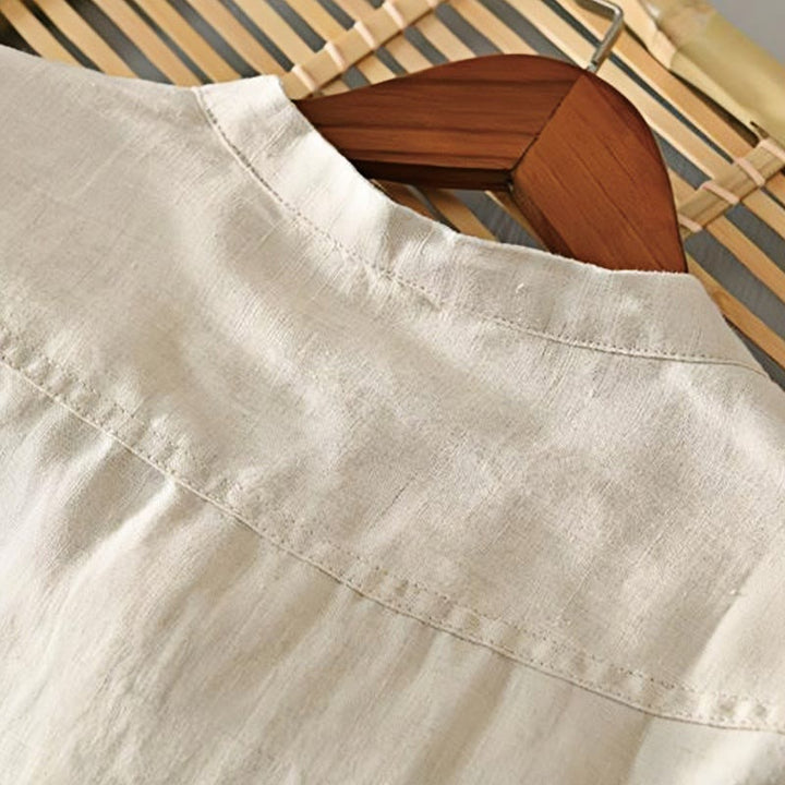 Camisa de lino con cuello alto, media manga y botones para hombre, color liso, Buddha Stones Daily - image 1